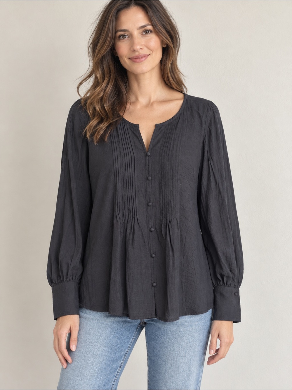 Simply Vera Vera Wang Black Pintuck Button-Down Blouse